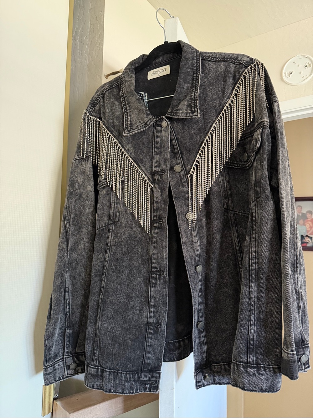 Washed Black Denim Jacket with Silver Fringe